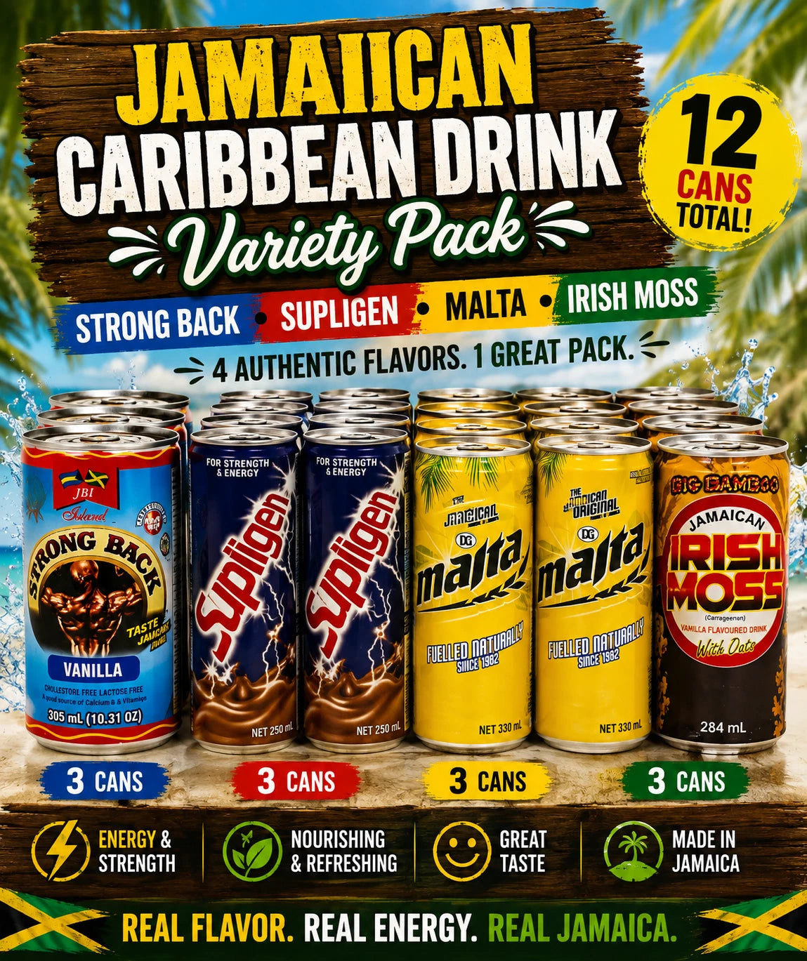 Jamaican Caribbean Drink Variety Pack Strong Back Supligen Malta Irish Moss 12
