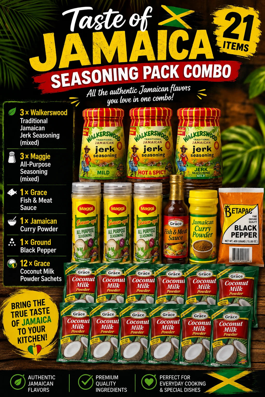 Authentic Jamaican Cooking Kit Jerk Seasoning Curry Coconut Milk Bundle 21 Pcs