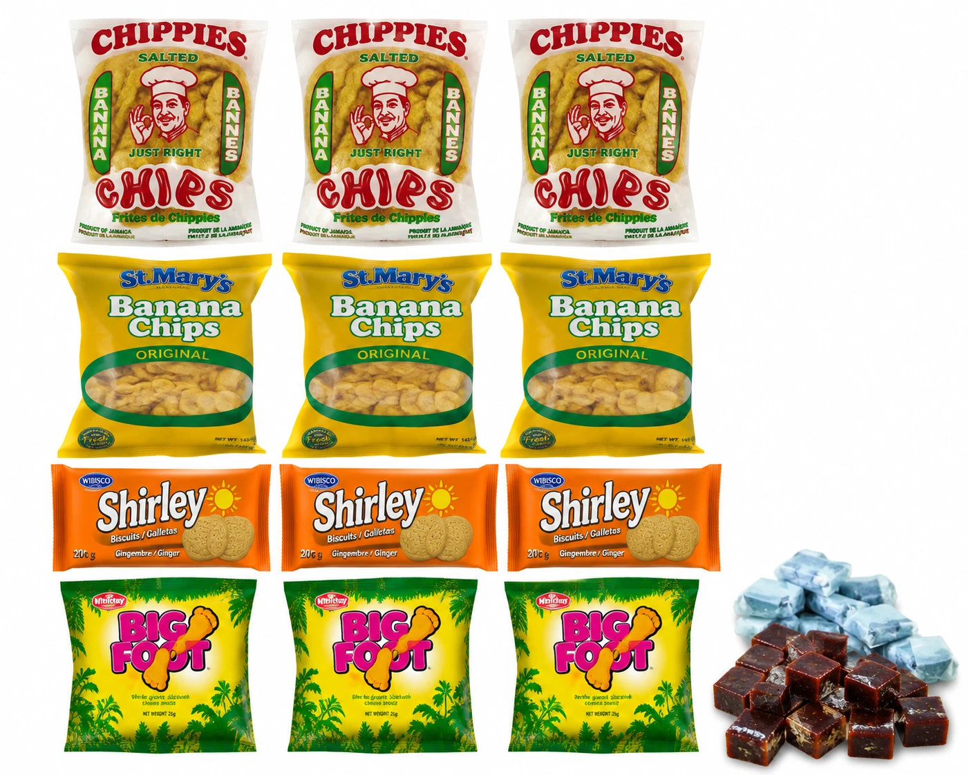Jamaican Combo pack of 24 buss mi jaw Bigfoot Shirley, chippies banana chips