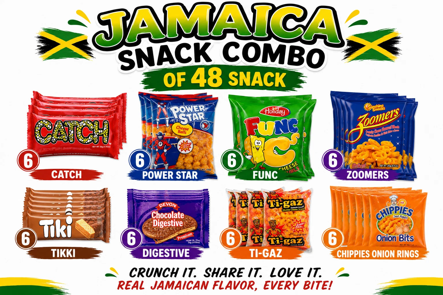 Jamaican Caribbean Snack Box 48pc Catch Tiki Ti-gaz Chippies Zoomers Variety